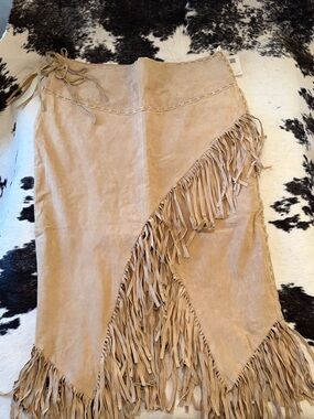 Fringe Suede Real Leather Wrap Skirt — Tan fits a 12/14